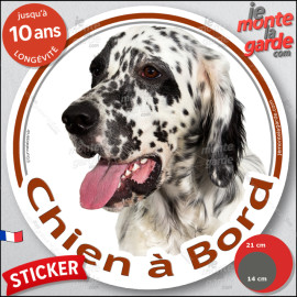 Setter Anglais noir et blanc, sticker autocollant rond "Chien à Bord"  Disque photo adhésif voiture vitre, résiste pluie soleil 