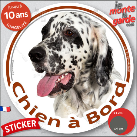 Setter Anglais noir et blanc, sticker autocollant rond "Chien à Bord"  Disque photo adhésif voiture vitre, résiste pluie soleil 