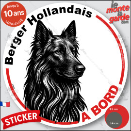 Berger Hollandais poils longs, sticker autocollant rond "Chien à Bord" disque adhésif vitre voiture, comparaison des tailles dis