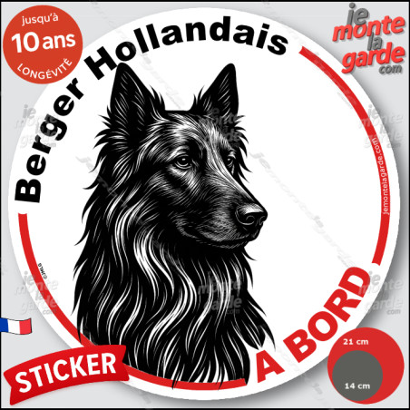 Berger Hollandais poils longs, sticker autocollant rond "Chien à Bord" disque adhésif vitre voiture, comparaison des tailles dis