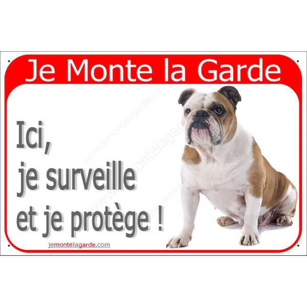 Bulldog Anglais Assis, plaque portail rouge "Je Monte la Garde, surveille protège" photo pancarte