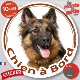 Berger Allemand poils longs, sticker autocollant rond "Chien à Bord" Disque adhésif voiture auto photo, résiste pluie soleil gel