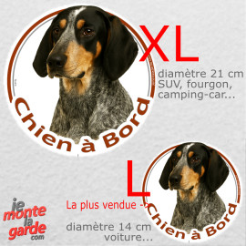 Bleu de Gascogne, disque photo autocollant voiture "Chien à Bord" résiste pluie soleil gel, idée cadeau, 2 Tailles D