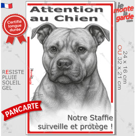 Plaque portail verticale "Attention au Chien, notre Staffie surveille et protège" dessin stylisé, résiste pluie soleil gel, idée