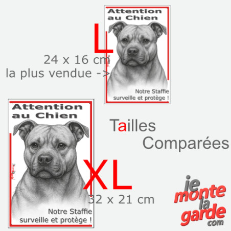 Plaque portail verticale "Attention au Chien, notre Staffie surveille et protège" dessin noir et blanc, 2 tailles D