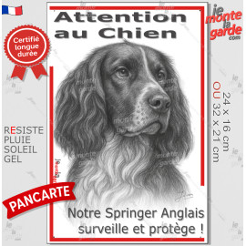 Plaque portail verticale "Attention au Chien, notre Springer Anglais Spaniel surveille et protège" dessin stylisé, résiste pluie