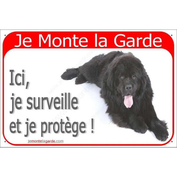 Terre Neuve Noir Couché, plaque portail rouge "Je Monte la Garde, surveille protège" pancarte panneau photo visible
