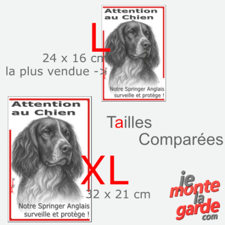Plaque portail verticale "Attention au Chien, notre Springer Anglais surveille et protège" dessin noir et blanc, 2 Tailles D