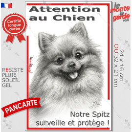 Plaque portail verticale "Attention au Chien, notre Spitz surveille et protège" dessin stylisé Loulou de Poméranie, résiste plui