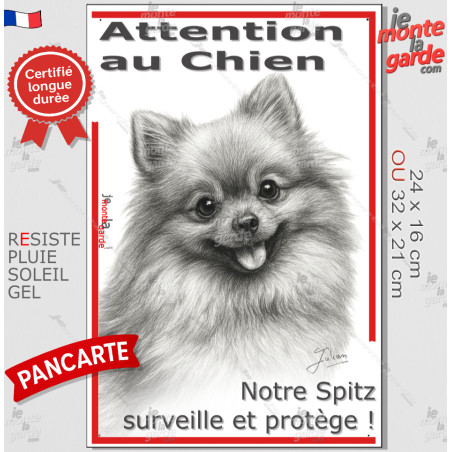 Plaque portail verticale "Attention au Chien, notre Spitz surveille et protège" dessin stylisé Loulou de Poméranie, résiste plui
