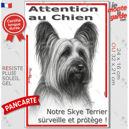 Plaque portail verticale "Attention au Chien, notre Skye Terrier surveille et protège" dessin stylisé, résiste pluie soleil gel,