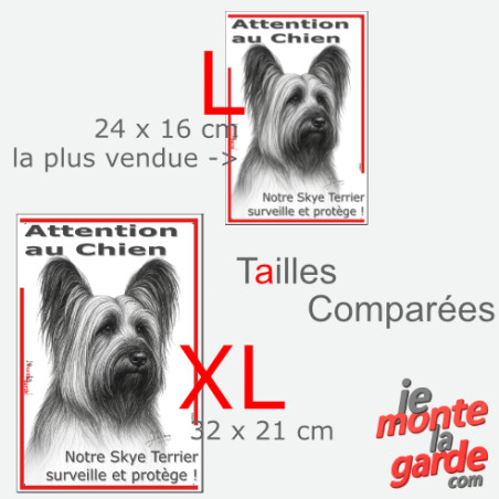 Plaque portail verticale "Attention au Chien, notre Skye Terrier surveille et protège" dessin noir et blanc, 2 tailles D