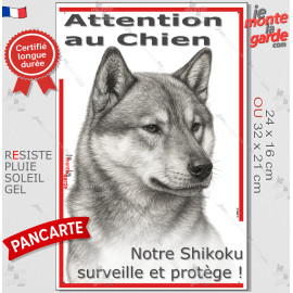 Plaque portail verticale "Attention au Chien, notre Shikoku surveille et protège" dessin stylisé, résiste pluie soleil gel, idée