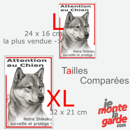 Plaque portail verticale "Attention au Chien, notre Shikoku surveille et protège" dessin noir et blanc, 2 tailles D