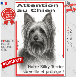 Plaque portail verticale "Attention au Chien, notre Silky Terrier surveille et protège" dessin stylisé, résiste pluie soleil gel