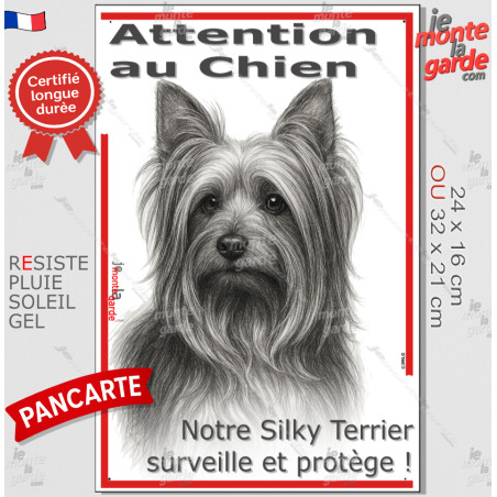 Plaque portail verticale "Attention au Chien, notre Silky Terrier surveille et protège" dessin stylisé, résiste pluie soleil gel