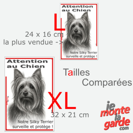 Plaque portail verticale "Attention au Chien, notre Silky Terrier surveille et protège" dessin noir et blanc, 2 tailles D