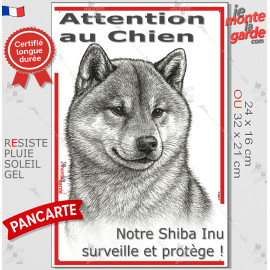 Plaque portail verticale "Attention au Chien, notre Shiba Inu surveille et protège" dessin stylisé, résiste pluie soleil gel, id