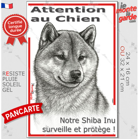 Plaque portail verticale "Attention au Chien, notre Shiba Inu surveille et protège" dessin stylisé, résiste pluie soleil gel, id