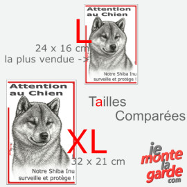 Plaque portail verticale "Attention au Chien, notre Shiba Inu surveille et protège" dessin noir et blanc, 2 tailles D