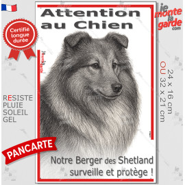 Plaque portail verticale "Attention au Chien, notre Berger des Shetland surveille et protège" dessin stylisé Sheltie, résiste pl