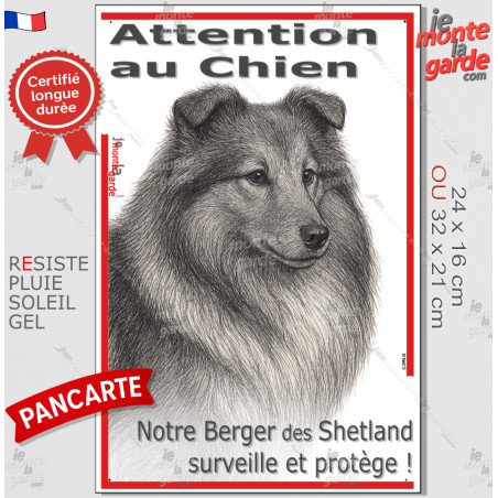 Plaque portail verticale "Attention au Chien, notre Berger des Shetland surveille et protège" dessin stylisé Sheltie, résiste pl
