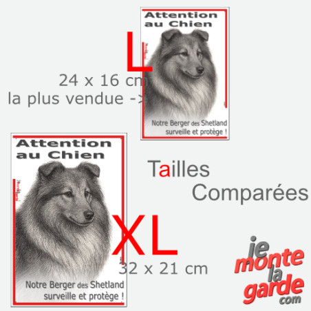 Plaque portail verticale "Attention au Chien, notre Berger des Shetland surveille et protège" dessin noir et blanc, 2 tailles D