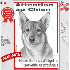 Plaque portail verticale "Attention au Chien, notre Spitz des Wisigoths surveille et protège" dessin stylisé, Vallhund Suédois, 