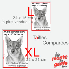 Plaque portail verticale "Attention au Chien, notre Spitz des Wisigoths surveille et protège" dessin noir et blanc, 2 Tailles D