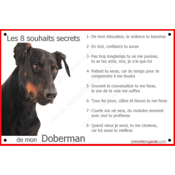 Doberman Tête, Plaque Portail Les 8 Souhaits Secrets, commandements éducation pancarte panneau