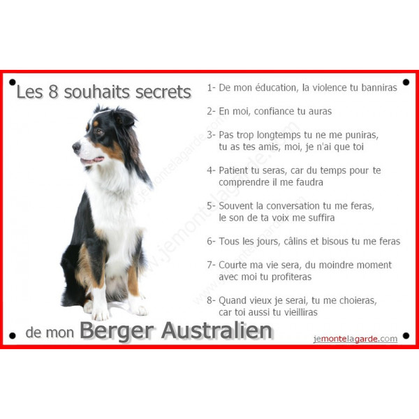 Berger Australien Tricolore Noir Assis, Plaque Portail Les 8 Souhaits Secrets, affiche panneau, commandements éducation