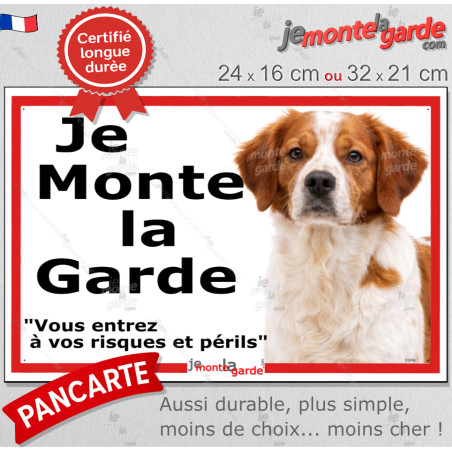 Epagneul Breton orange, plaque portail extérieure ECO "Je Monte la Garde, vous entrez à vos risques et périls" simple, pas cher 