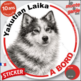 Yakutian Laika, sticker autocollant rond "Chien à Bord" disque adhésif vitre voiture photo, résiste pluie soleil gel, idée cadea