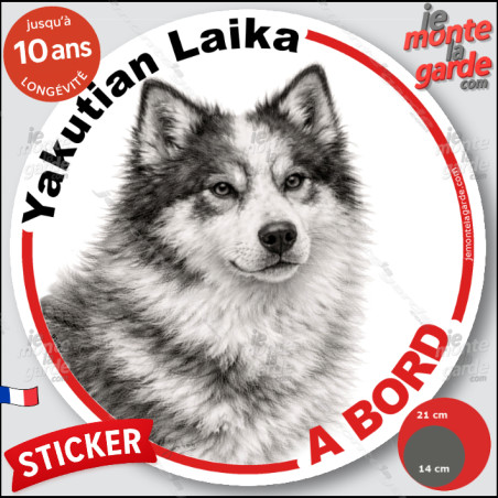 Yakutian Laika, sticker autocollant rond "Chien à Bord" disque adhésif vitre voiture photo, résiste pluie soleil gel, idée cadea