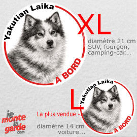 Disque autocollant voiture "Yakutian Laika à Bord" dessin en noir et blanc, résiste pluie soleil gel, idée cadeau, 2 tailles D