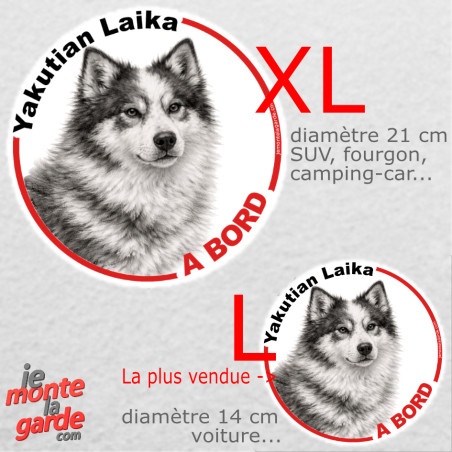 Disque autocollant voiture "Yakutian Laika à Bord" dessin en noir et blanc, résiste pluie soleil gel, idée cadeau, 2 tailles D