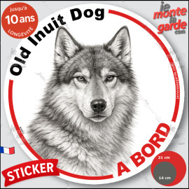 Old Inuit Dog du Nord, sticker autocollant rond "Chien à Bord" dessin crayon noir et blanc disque adhésif vitre voiture, résiste