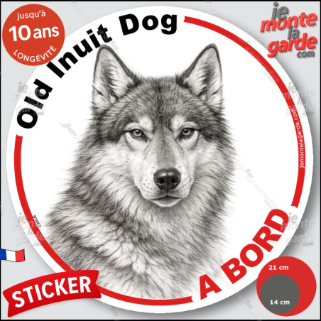 Old Inuit Dog du Nord, sticker autocollant rond "Chien à Bord" dessin crayon noir et blanc disque adhésif vitre voiture, résiste