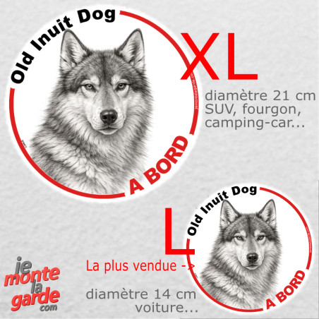 Disque autocollant voiture "Old Inuit Dog à Bord" dessin en noir et blanc, résiste pluie soleil gel, idée cadeau, 2 tailles D