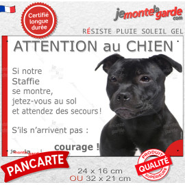 Staffie noir tête, plaque humour " Jetez Vous au Sol, Attention au Chien, courage" bull staffordshire terrier, photo, résiste pl