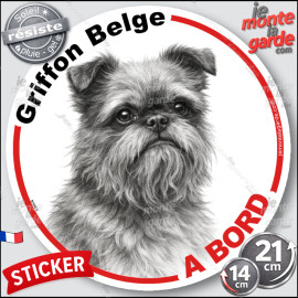 Griffon Belge, sticker autocollant rond "Chien à Bord" disque adhésif vitre voiture photo, résiste pluie soleil gel, idée cadeau