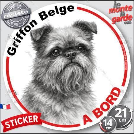 Griffon Belge, sticker autocollant rond "Chien à Bord" disque adhésif vitre voiture photo, résiste pluie soleil gel, idée cadeau