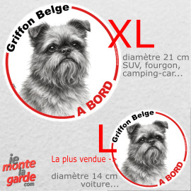 Disque autocollant voiture "Griffon Belge à Bord" dessin en noir et blanc, résiste pluie soleil gel, idée cadeau, 2 tailles D