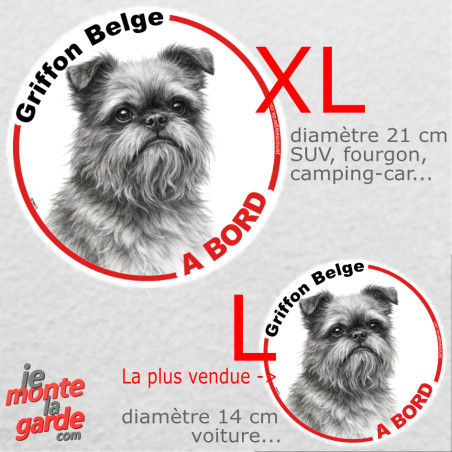 Disque autocollant voiture "Griffon Belge à Bord" dessin en noir et blanc, résiste pluie soleil gel, idée cadeau, 2 tailles D