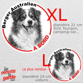 Disque autocollant voiture "Berger Australien à Bord" dessin en noir et blanc, résiste dehors, idée cadeau, 2 tailles D