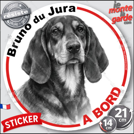 Bruno du Jura, sticker autocollant rond "Chien à Bord" disque adhésif vitre voiture photo, résiste pluie soleil gel, idée cadeau