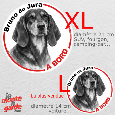 Disque autocollant voiture "Bruno du Jura à Bord" dessin en noir et blanc, résiste pluie soleil gel, idée cadeau, 2 tailles D