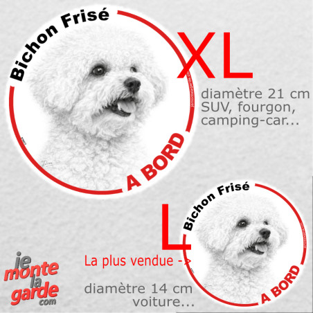 Disque autocollant voiture "Bichon Frisé à Bord" dessin en noir et blanc, résiste pluie soleil gel, idée cadeau, 2 tailles D