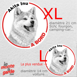Disque autocollant voiture "Akita Inu à Bord" dessin en noir et blanc, résiste pluie soleil gel, idée cadeau, 2 tailles D
