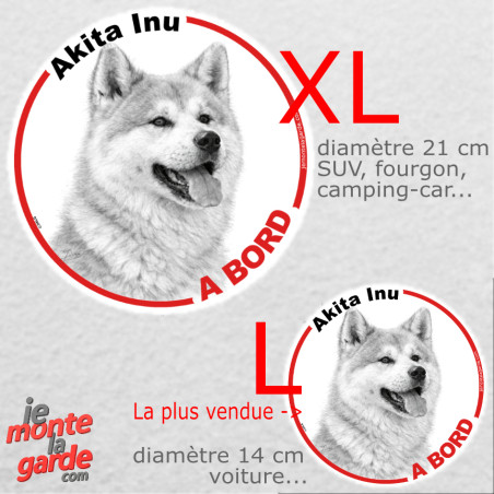 Disque autocollant voiture "Akita Inu à Bord" dessin en noir et blanc, résiste pluie soleil gel, idée cadeau, 2 tailles D